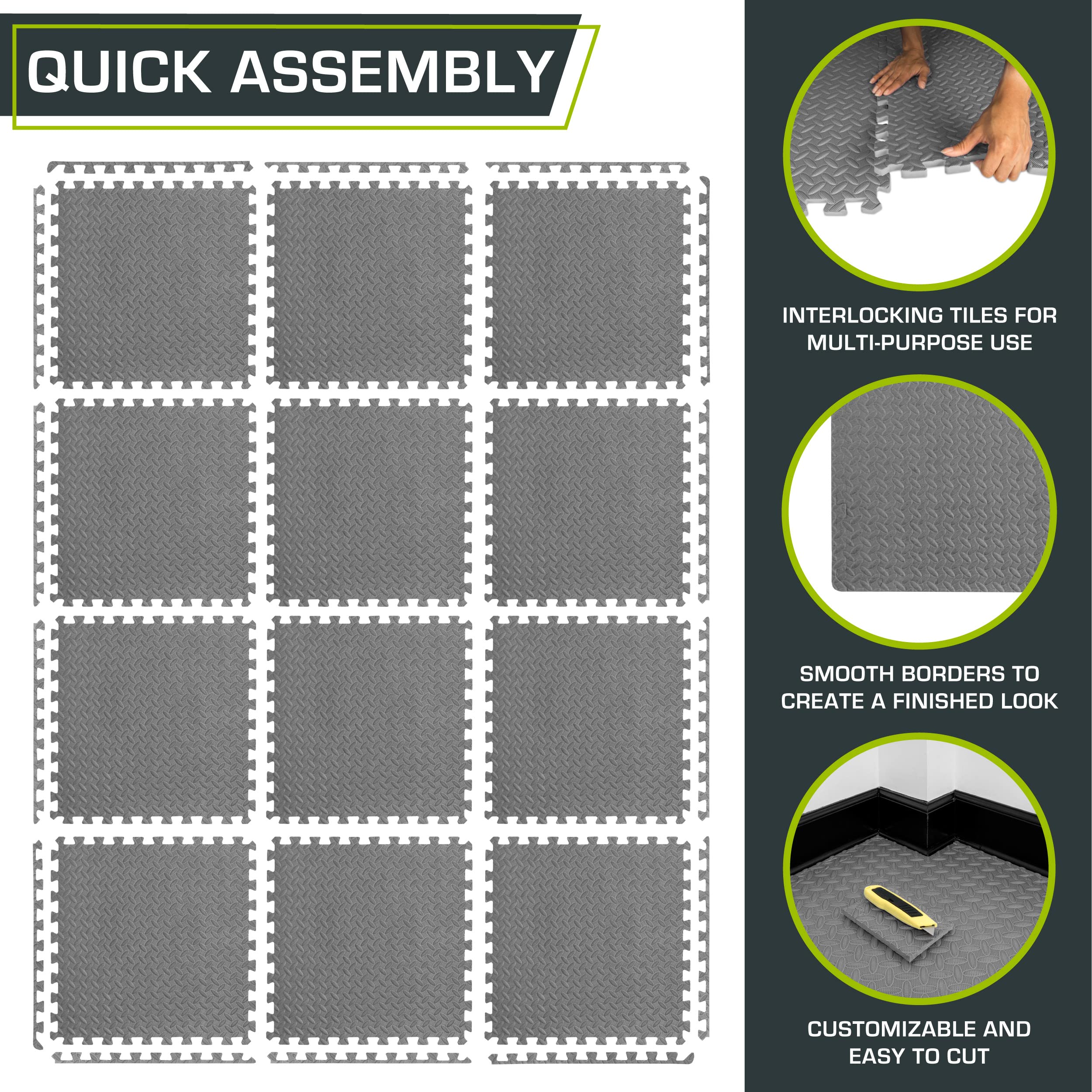 ProsourceFit Exercise Puzzle Mat ½-inch, EVA Interlocking Foam Floor Tiles for Home Gym, Workout Equipment, Kids Play Areas, Black, 48 SQ FT - 12 Tiles