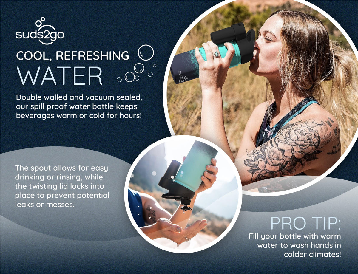 Suds2Go Stainless Steel Water Bottle and Portable Hand Washing Station, Insulated Leakproof Bottle with Foam Dispenser for Outdoor Use, As Seen on Shark Tank