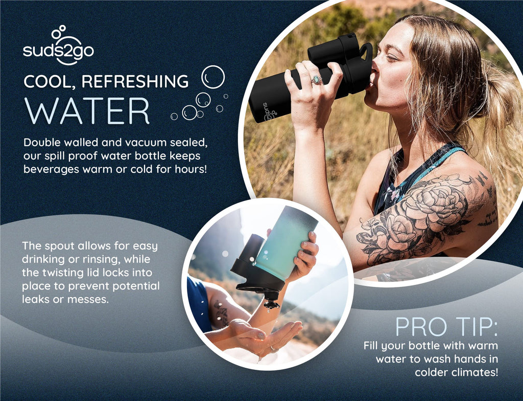 Suds2Go Stainless Steel Water Bottle and Portable Hand Washing Station, Insulated Leakproof Bottle with Foam Dispenser for Outdoor Use, As Seen on Shark Tank