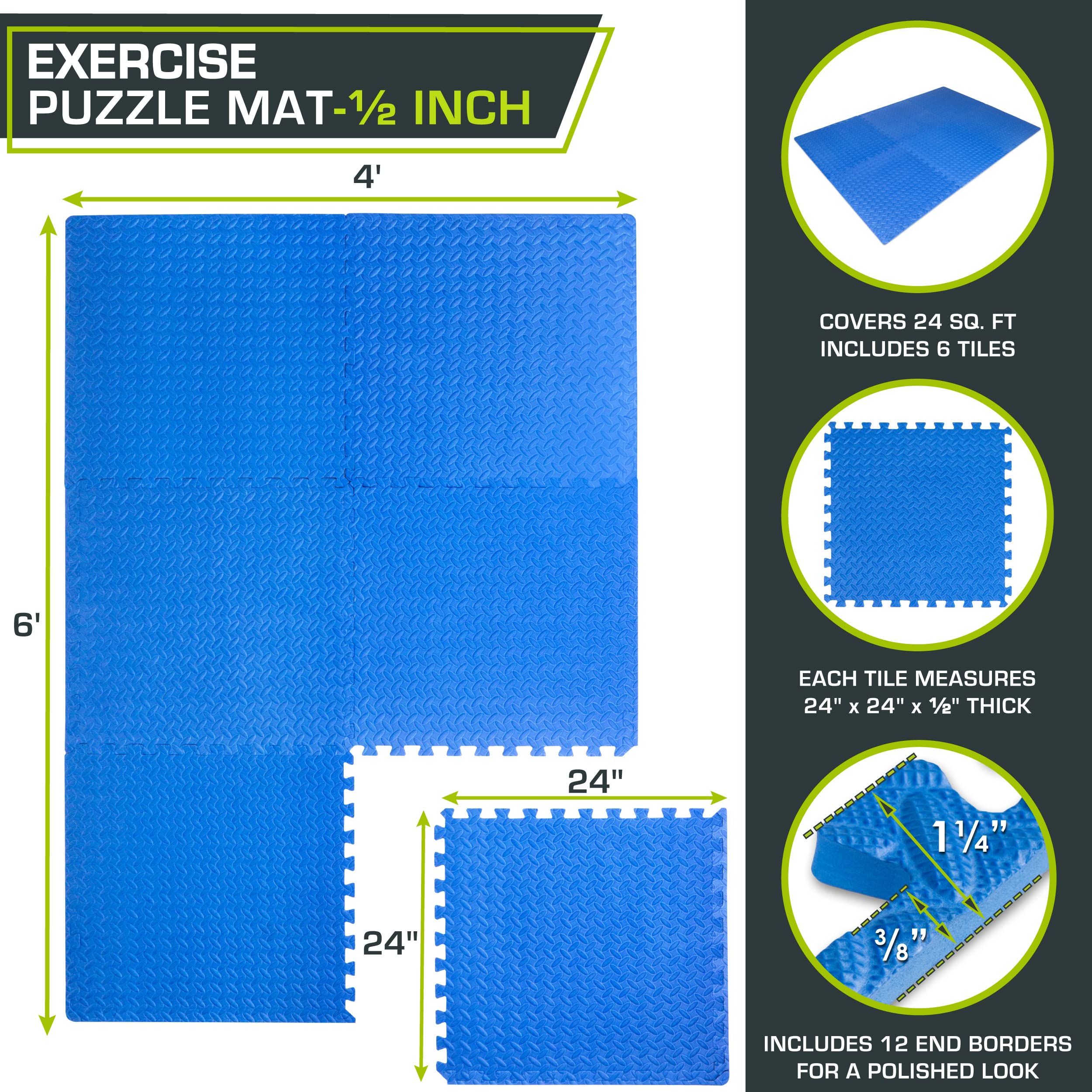 ProsourceFit Exercise Puzzle Mat ½-inch, EVA Interlocking Foam Floor Tiles for Home Gym, Workout Equipment, Kids Play Areas, Black, 48 SQ FT - 12 Tiles