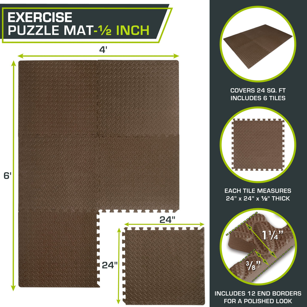 ProsourceFit Exercise Puzzle Mat ½-inch, EVA Interlocking Foam Floor Tiles for Home Gym, Workout Equipment, Kids Play Areas, Black, 48 SQ FT - 12 Tiles