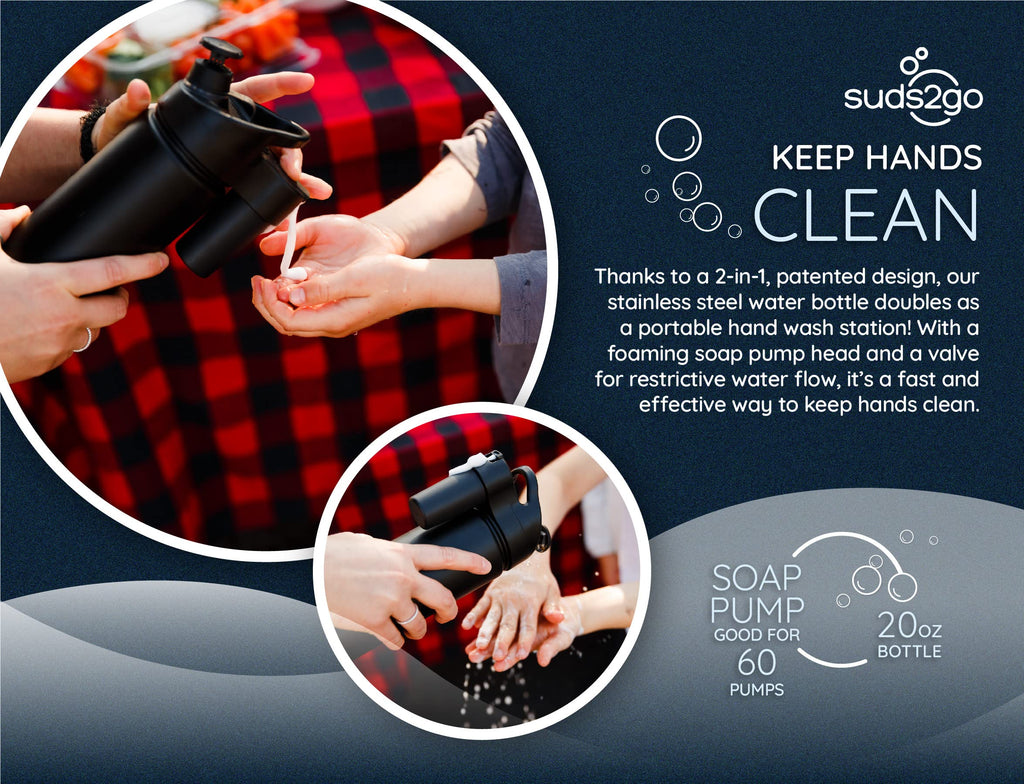 Suds2Go Stainless Steel Water Bottle and Portable Hand Washing Station, Insulated Leakproof Bottle with Foam Dispenser for Outdoor Use, As Seen on Shark Tank