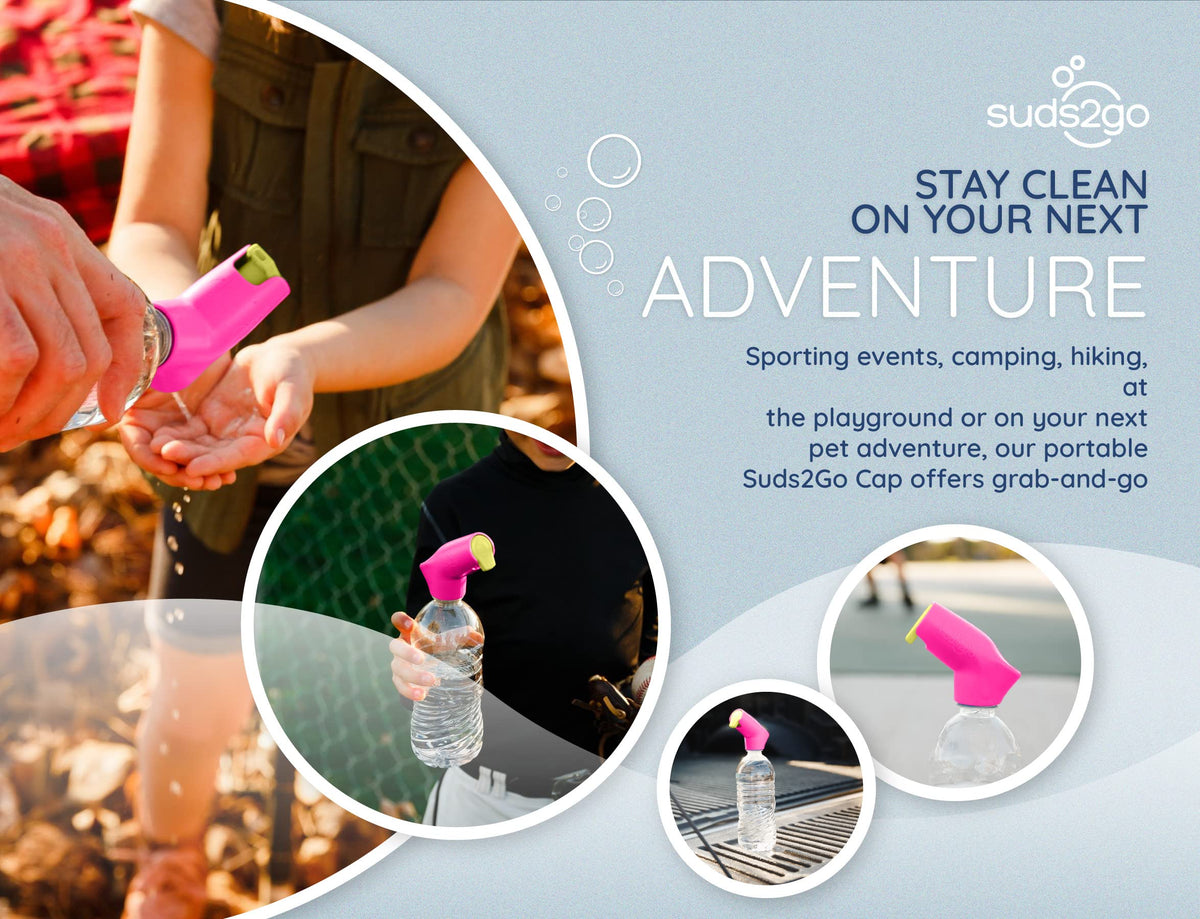 Suds2Go Refillable Caps, 2 Pack - Universal Fit Turns Most Disposable Water Bottles Into A Hand Washing Station - Includes Refillable Soap Reservoir - Conveniently Sized to Take on The Go