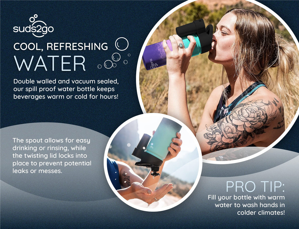 Suds2Go Stainless Steel Water Bottle and Portable Hand Washing Station, Insulated Leakproof Bottle with Foam Dispenser for Outdoor Use, As Seen on Shark Tank