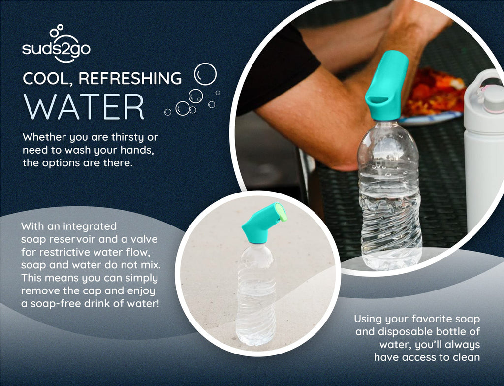 Suds2Go Refillable Caps, 2 Pack - Universal Fit Turns Most Disposable Water Bottles Into A Hand Washing Station - Includes Refillable Soap Reservoir - Conveniently Sized to Take on The Go