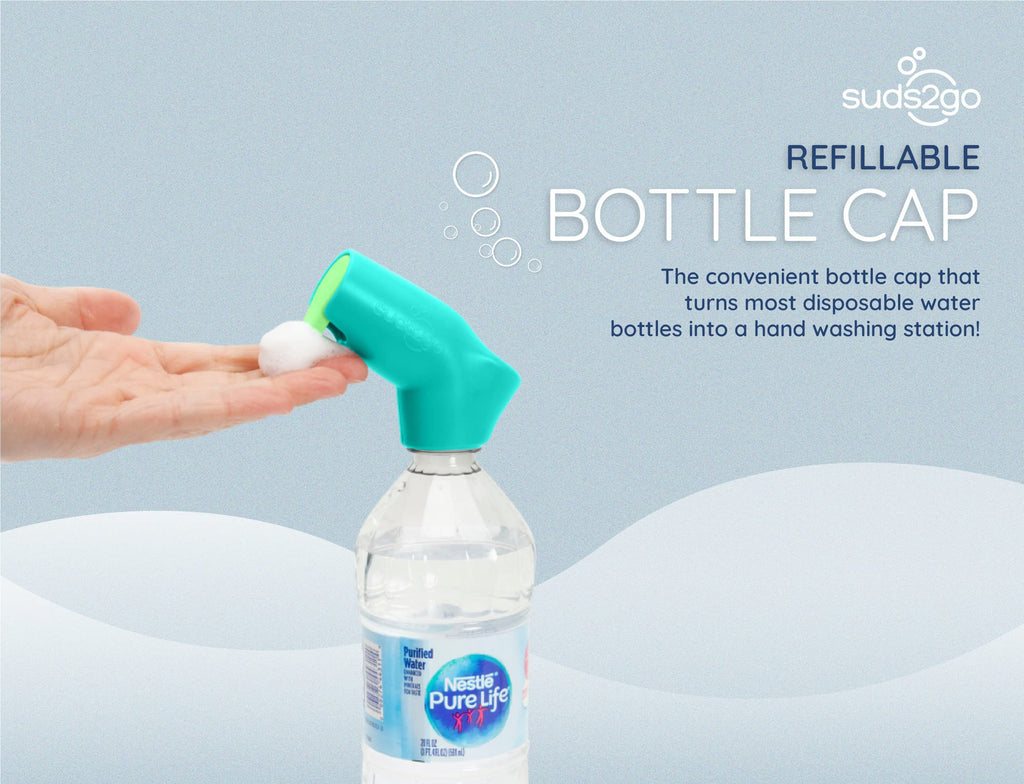 Suds2Go Refillable Caps, 2 Pack - Universal Fit Turns Most Disposable Water Bottles Into A Hand Washing Station - Includes Refillable Soap Reservoir - Conveniently Sized to Take on The Go