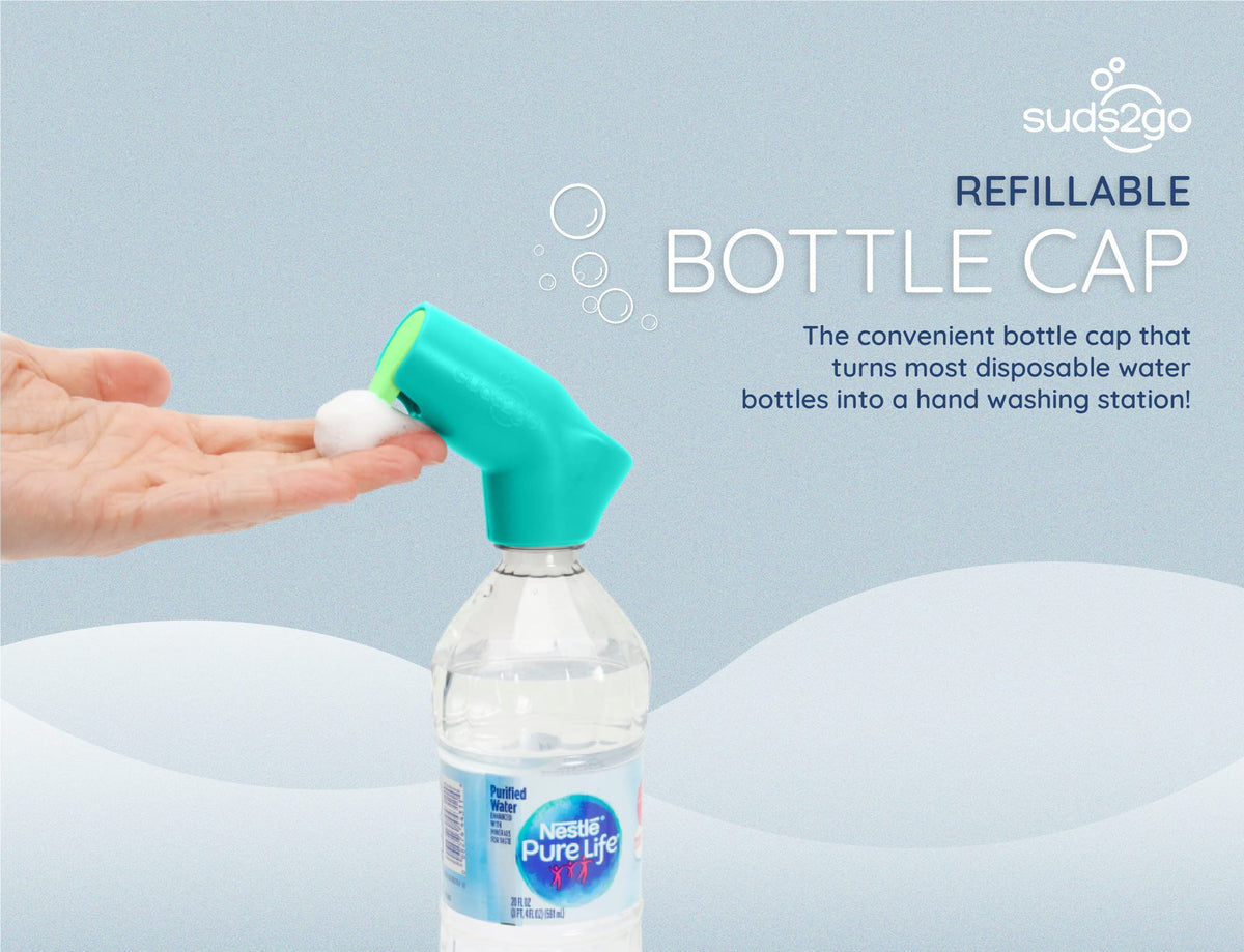 Suds2Go Refillable Caps, 2 Pack - Universal Fit Turns Most Disposable Water Bottles Into A Hand Washing Station - Includes Refillable Soap Reservoir - Conveniently Sized to Take on The Go
