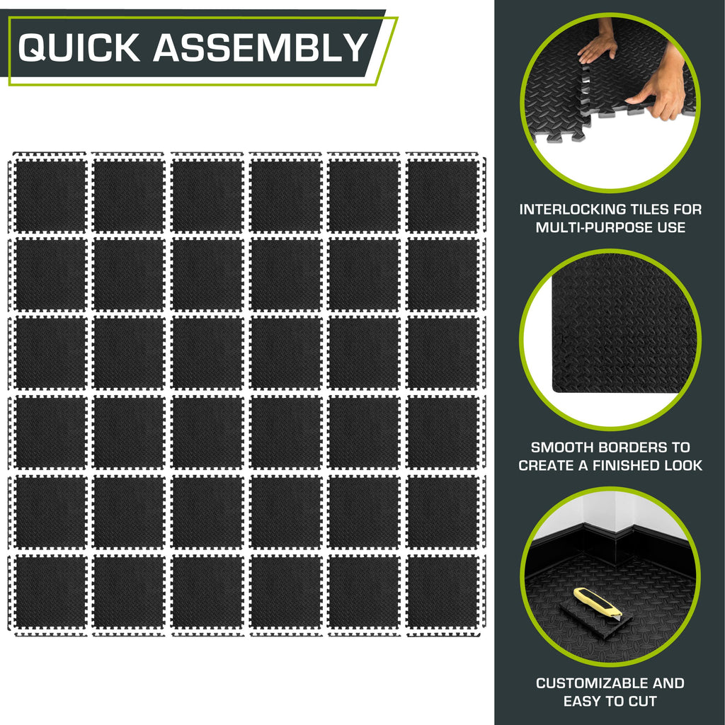 ProsourceFit Exercise Puzzle Mat ½-inch, EVA Interlocking Foam Floor Tiles for Home Gym, Workout Equipment, Kids Play Areas, Black, 48 SQ FT - 12 Tiles