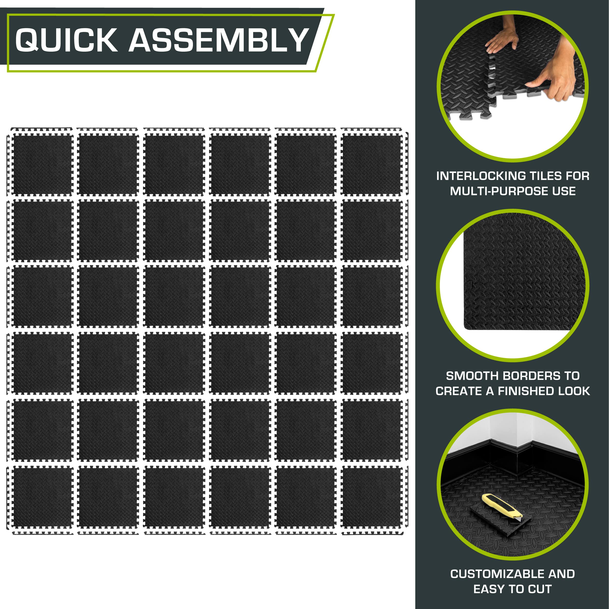 ProsourceFit Exercise Puzzle Mat ½-inch, EVA Interlocking Foam Floor Tiles for Home Gym, Workout Equipment, Kids Play Areas, Black, 48 SQ FT - 12 Tiles