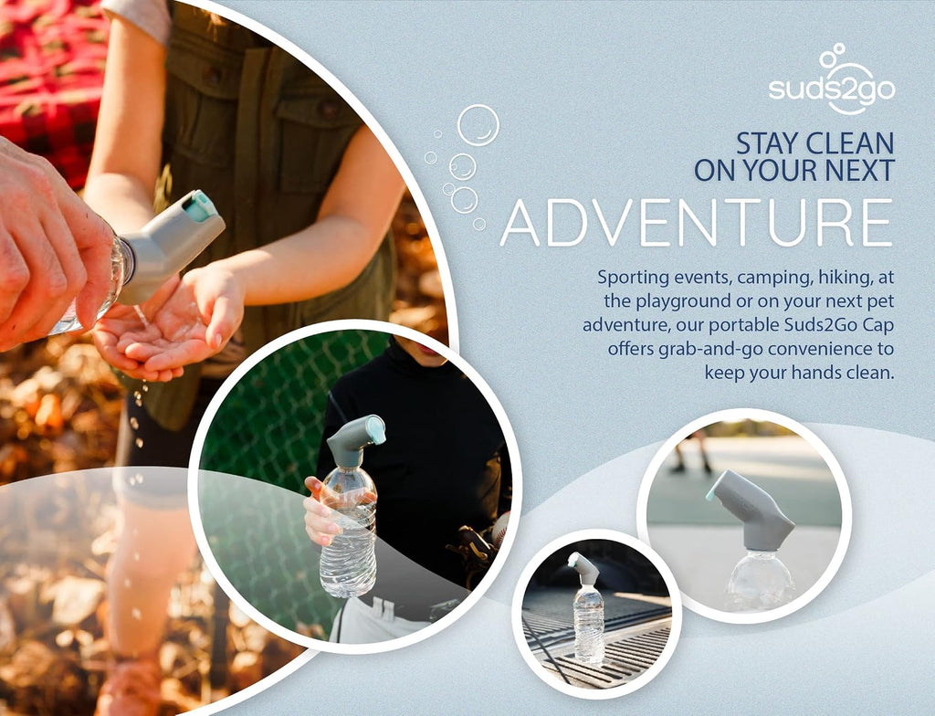 Suds2Go Refillable Caps, 2 Pack - Universal Fit Turns Most Disposable Water Bottles Into A Hand Washing Station - Includes Refillable Soap Reservoir - Conveniently Sized to Take on The Go