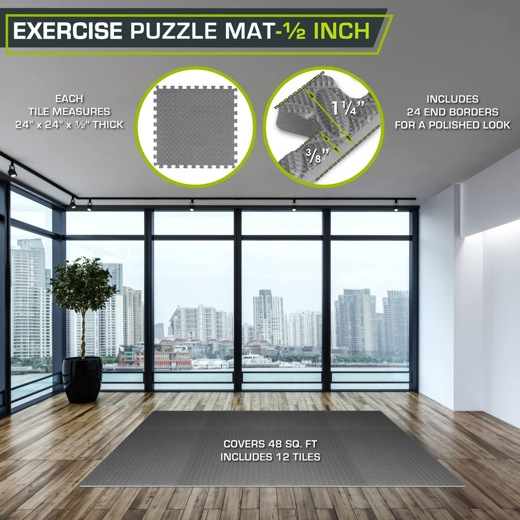 ProsourceFit Exercise Puzzle Mat ½-inch, EVA Interlocking Foam Floor Tiles for Home Gym, Workout Equipment, Kids Play Areas, Black, 48 SQ FT - 12 Tiles