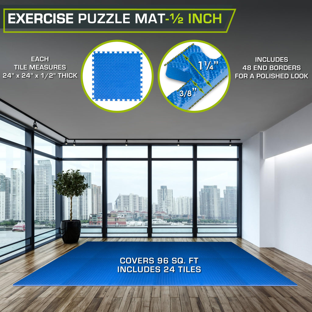 ProsourceFit Exercise Puzzle Mat ½-inch, EVA Interlocking Foam Floor Tiles for Home Gym, Workout Equipment, Kids Play Areas, Black, 48 SQ FT - 12 Tiles